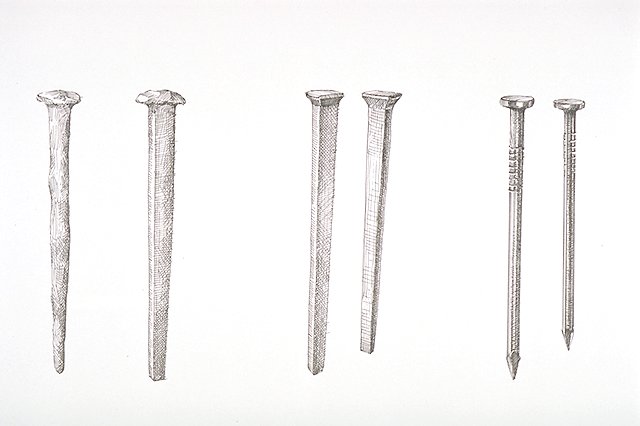 Six nails from excavations at Building #38 include a hand-wrought nail; one early rosehead machine-cut nail; two late machine-cut nails (late 1830s to present); and two wire nails (c1850s to present).