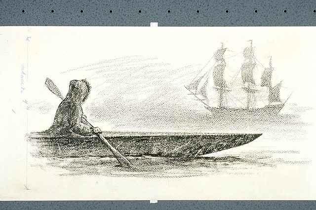 Eskimo paddling in kayak with a tall masted sailing ship in the distance.