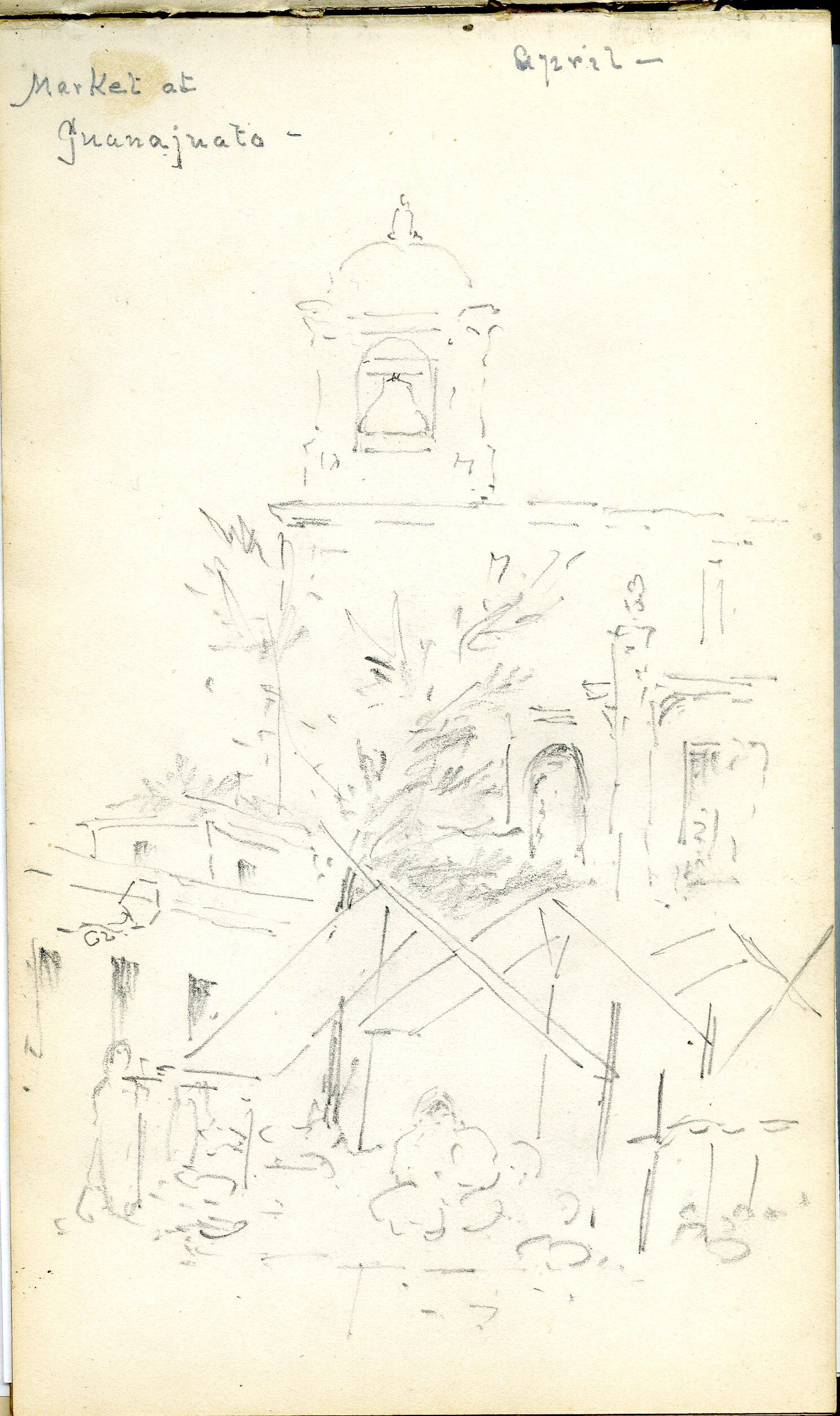 Rough sketch of market stalls in front of building with bell tower.