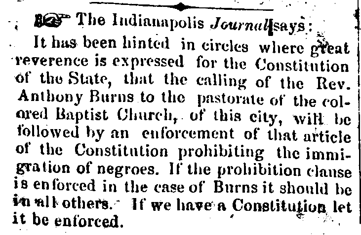 Newspaper clipping about Anthony Burns as a pastor in Indiana.