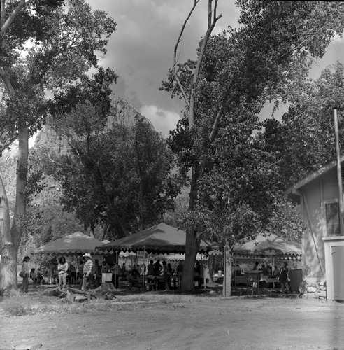 Visitors and demonstrators under outdoor canopies for the second annual Folklife Festival, Zion National Park Nature Center, September 7-8, 1978.