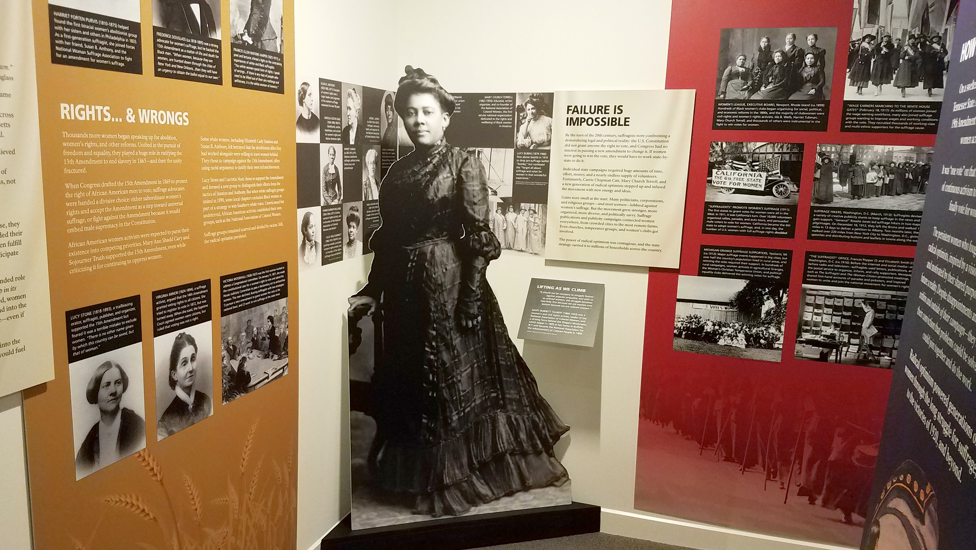 Closer view of yellow "Rights...& Wrongs" panel, cut out of Mary Burnett Talbert in a long black dress, "Failure is Impossible" tan panel, red panel with photos. On the right is "Radical Optimism" free standing title banner is off to the right. 