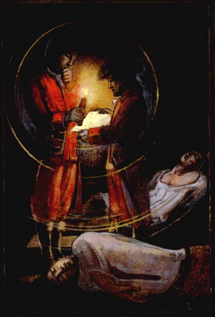 Captain Jacob Van Braam and Colonel George Washington review surrender proposal presented by Captain Louis Coulon de Villiers, commander of the French forces.