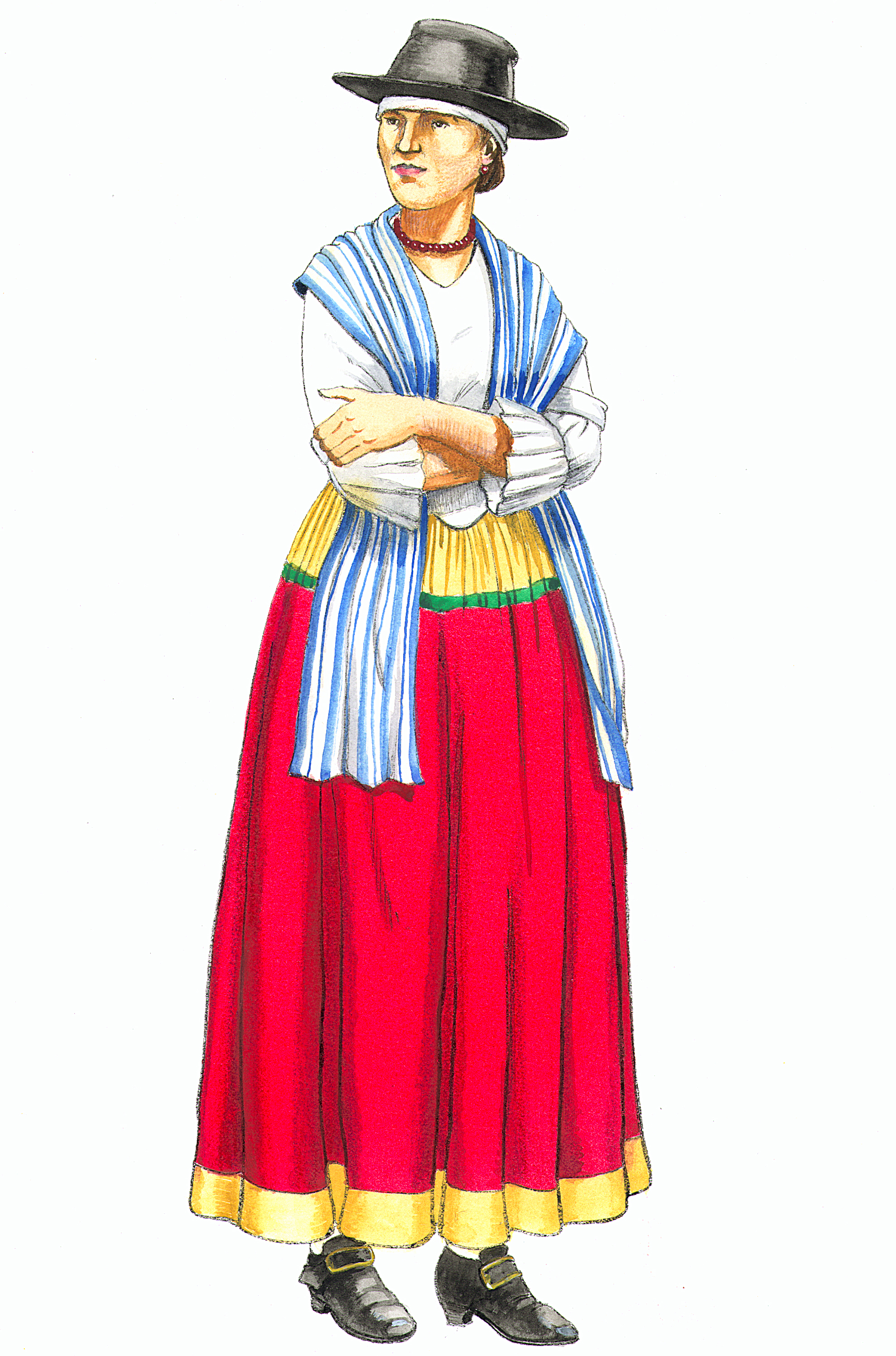 An illustration of a woman with a black hat wearing a white, yellow, green, and red dress with a necklace and blue and white shawl draped over her shoulders