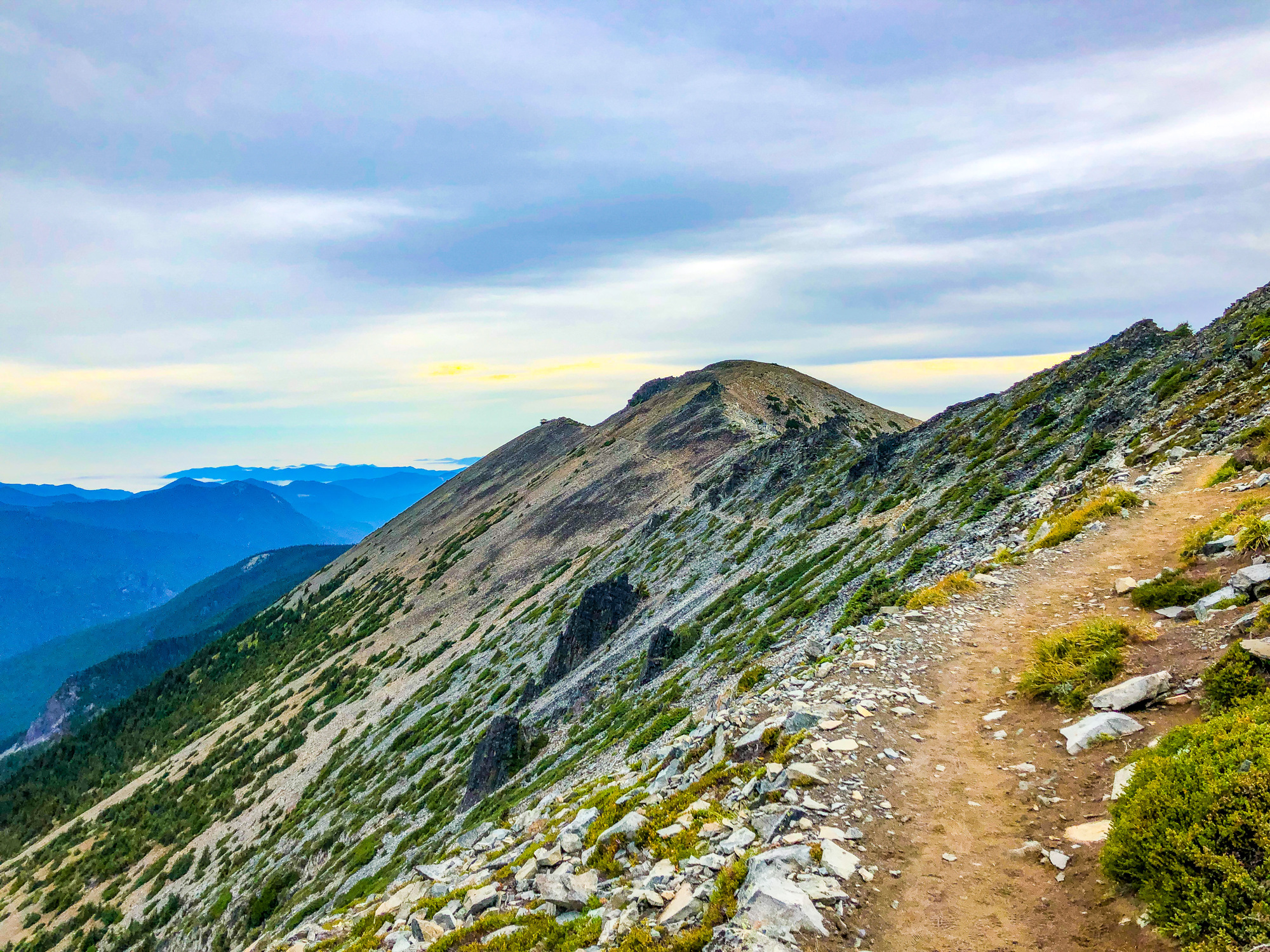 A dirt trail on the side of a ridge leads to a firetower.