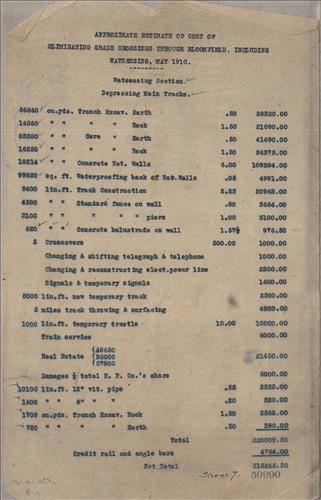 50990.PB#001--Approximate estimate of cost of eliminating grade crossings through Bloomfield including Watsessing [1910.05]