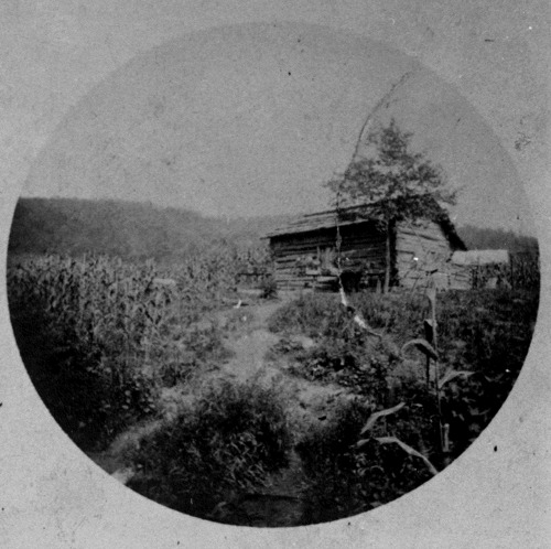 Very old black and white image of a cabin in a large field. A dirt walkway leads to the cabin.