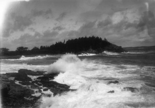 Surf at Anemone Cave from ; Shore Toward Homans House, ; Showing Spray Blowing Back ; in West Wind ; (3 of 5)