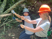A teen holds the handle of a crosscut saw while a trail crew member demonstrates the best grip for the tool. Both individuals are wearing helmets. 