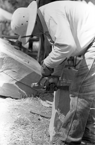 Jim Felton demonstrating stone cutting and rockwork at the second annual Folklife Festival, Zion National Park Nature Center, September 1978.