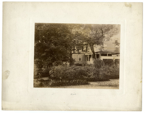 Black and white photograph of garden and house.