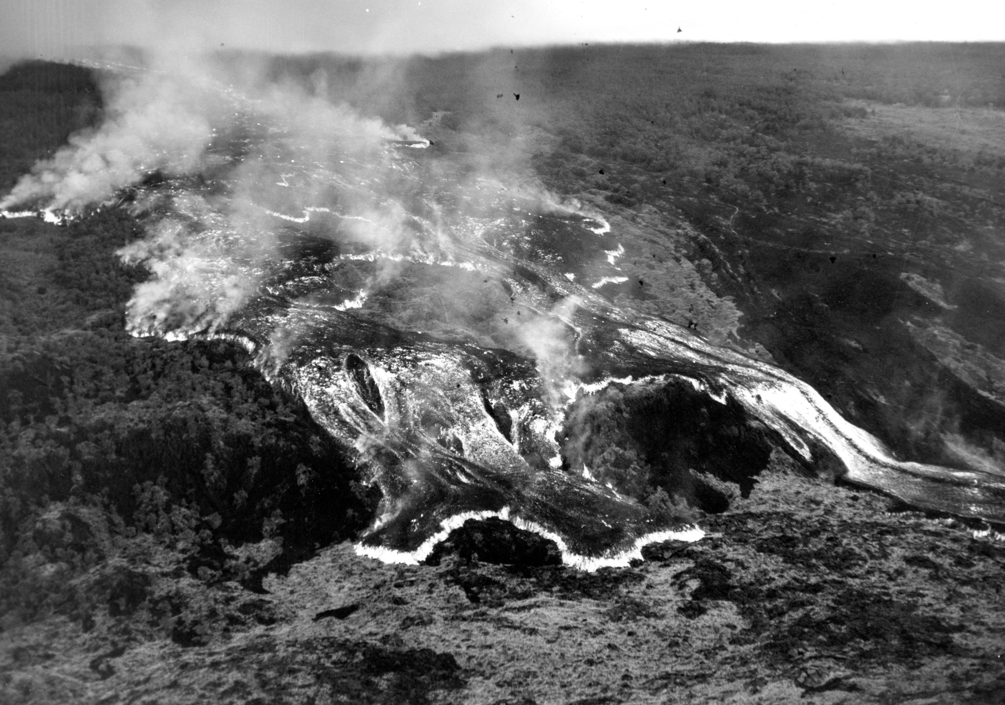Black and white photo of a lava flow