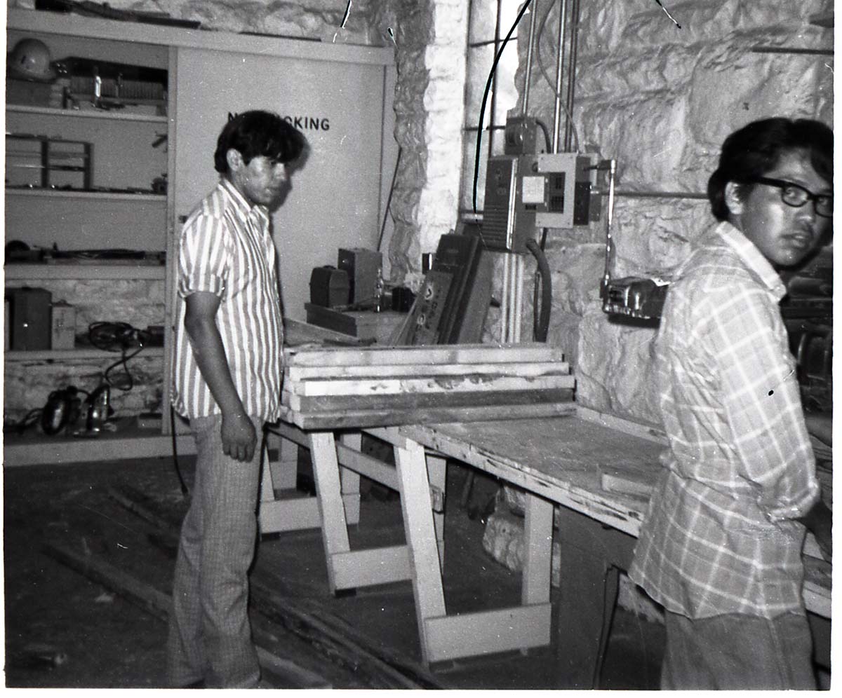 BW Photo of Navajo workers in wood shop.