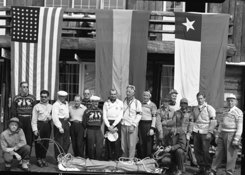 South Americans and National Ski Patrol on the porch at Badger Pass.