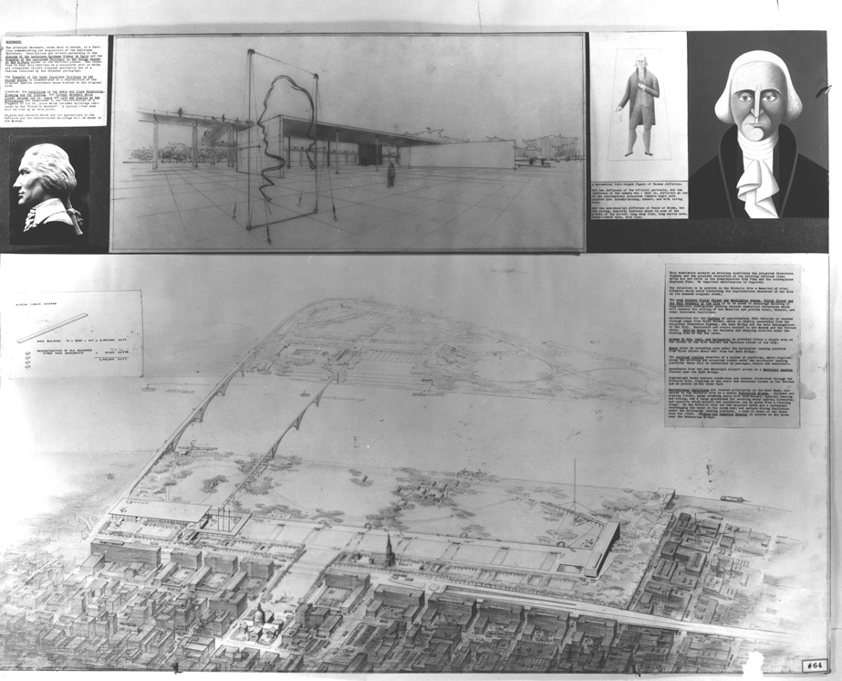 black and white image, overhead view of the memorial is along the bottom with inset images of a statue of Thomas Jefferson and other details along the top