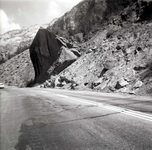 BW photo of rock slide near Echo Rock - 2.5" x 2.5".