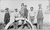 Biedermans and friends, Yukon-Charley Rivers National Preserve, 1930.. NPS Collection photo: The Biedermans and friends with a mammoth tusk near the Yukon River.