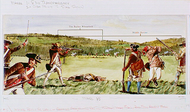 Chatfield Farm site with American pickets (in foreground) firing from near side of ravine. Smoke in distance marks British counterparts. Highlighted are Barber Wheatfield, Middle Ravine, and the road from Neilson Farm.