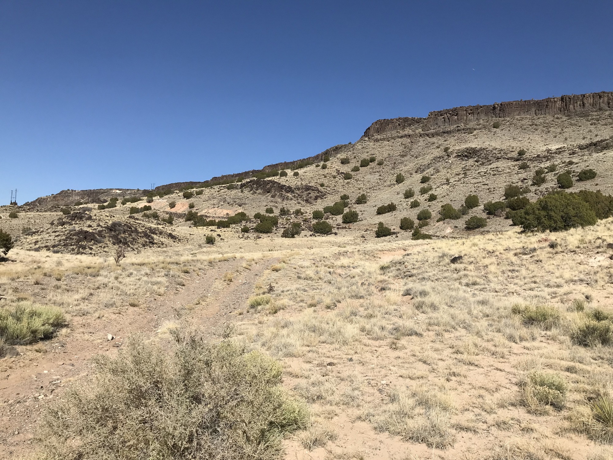 A dirt road in the desert with a mountain in the background.