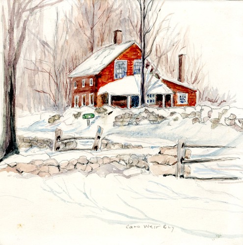 A painting of a red house with white trim in the winter with snow on the ground.