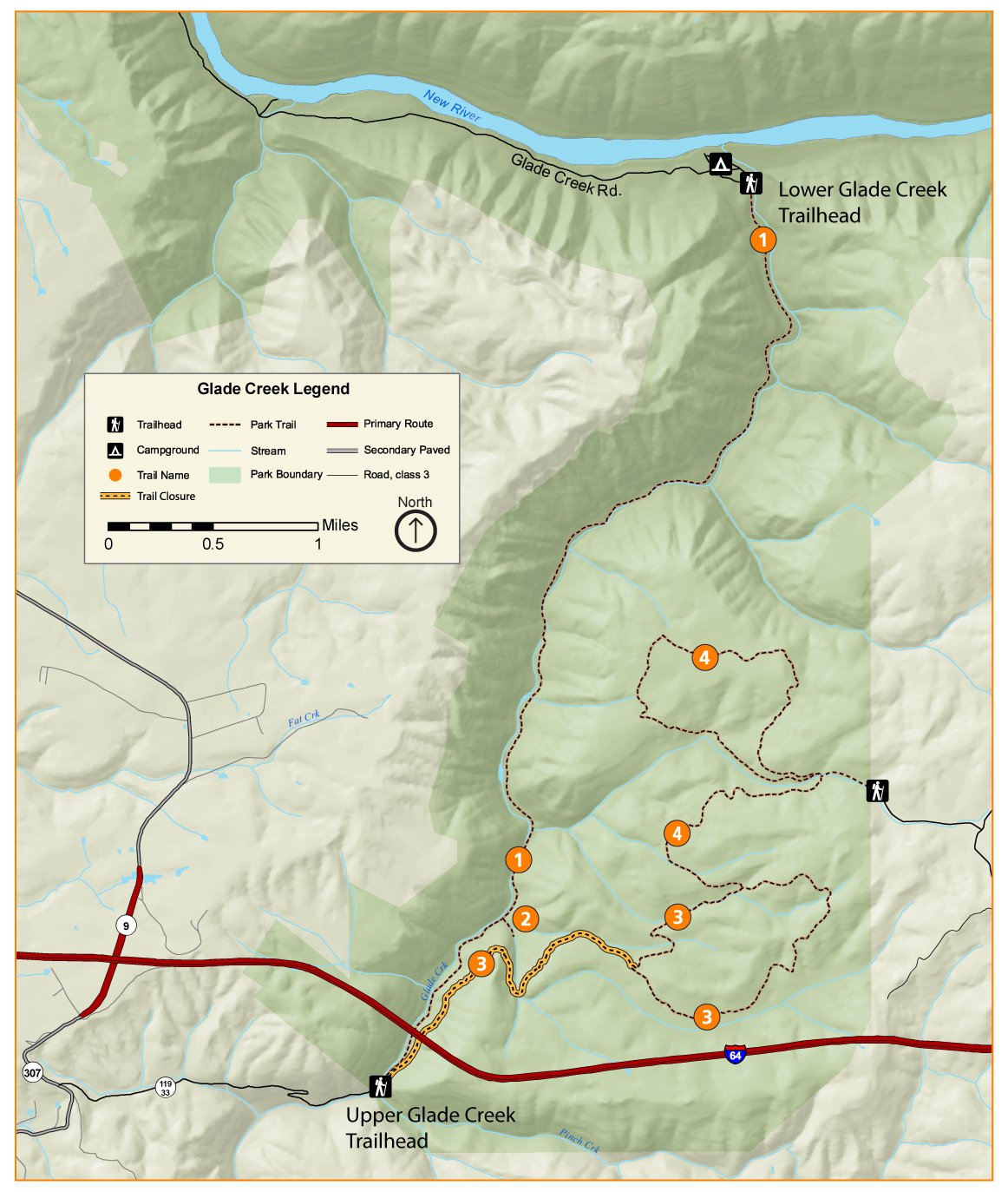 A map showing the trails in the Glade Creek Area of the park. North is oriented at the top of the map. 