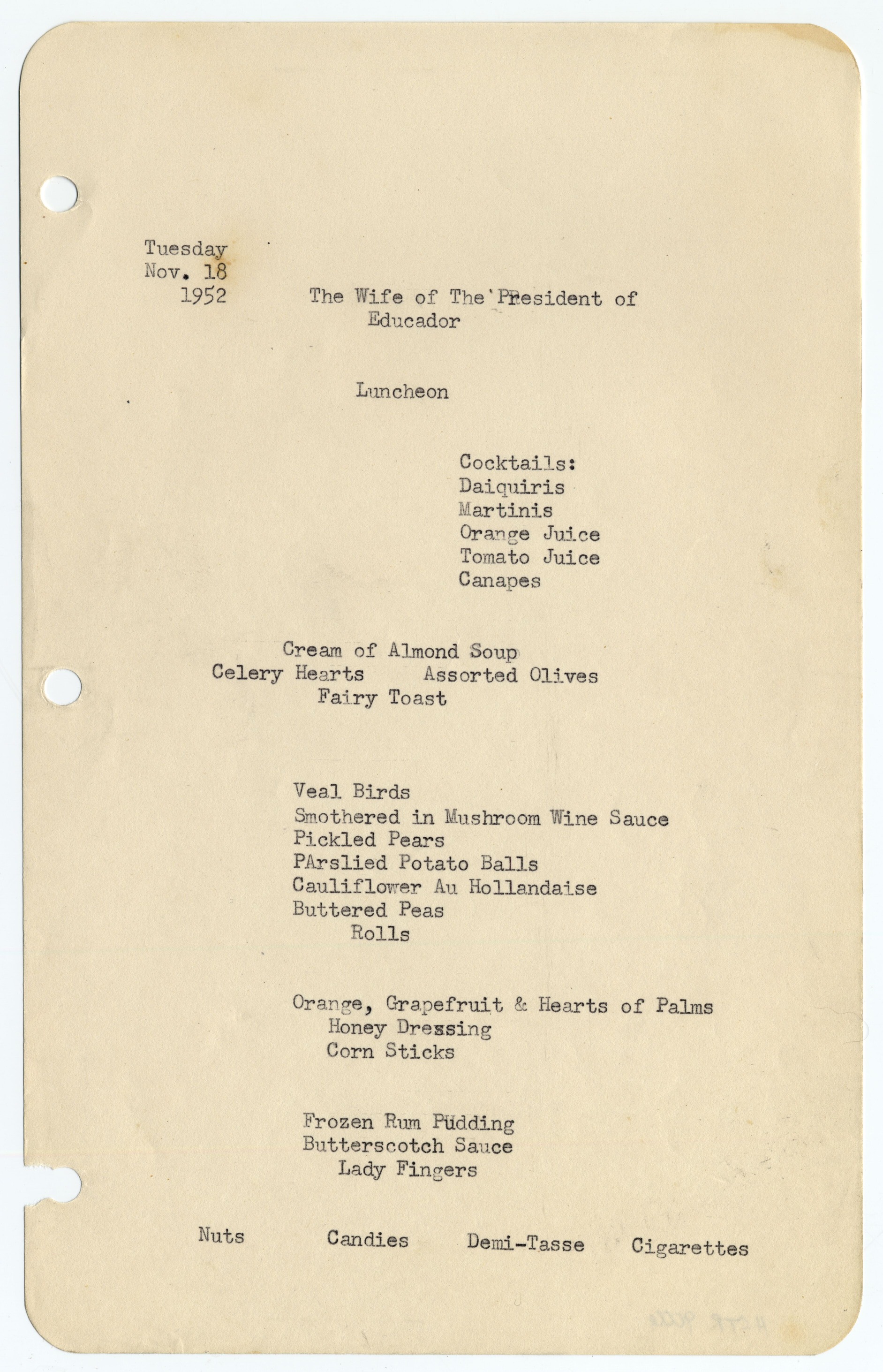 Menus typed on white paper with three hole punches on the left side.