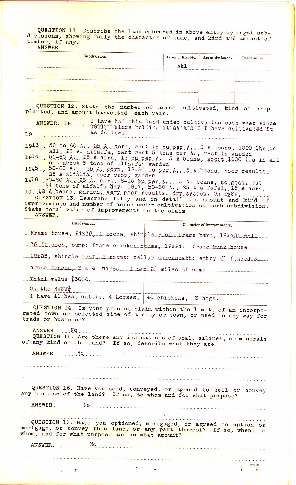 Scanned image of a Homestead final proof form. See description for text.