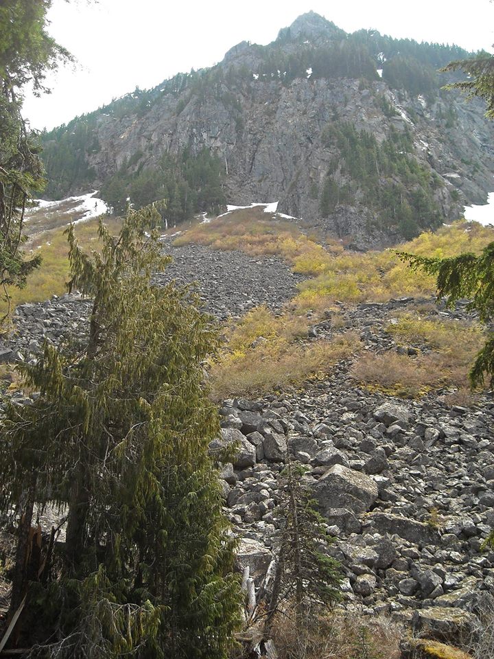 A rocky peak above cliffs and a large scree slope dotted with shrubs. 