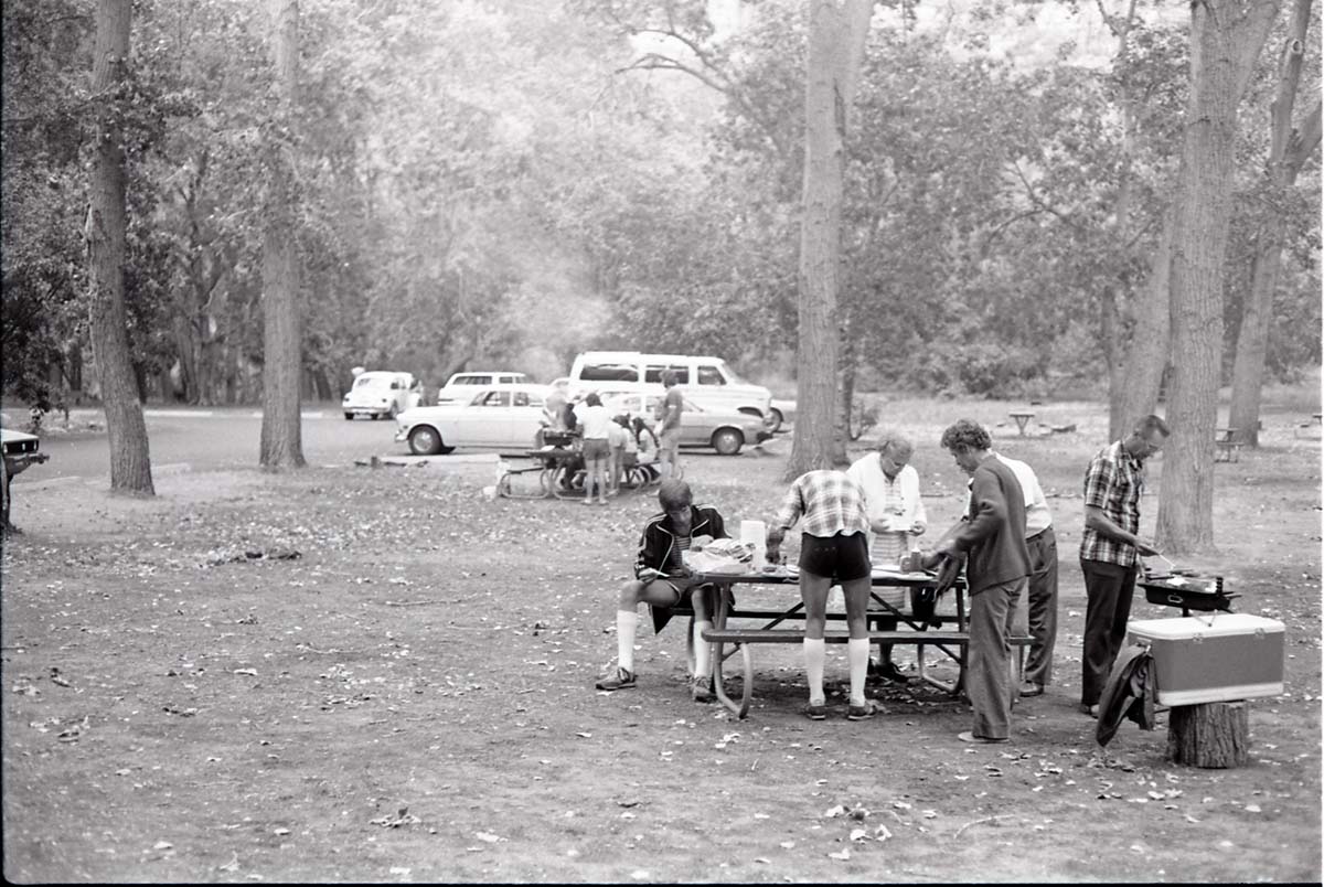 BW photos of visitors using Grotto Picnic Area.