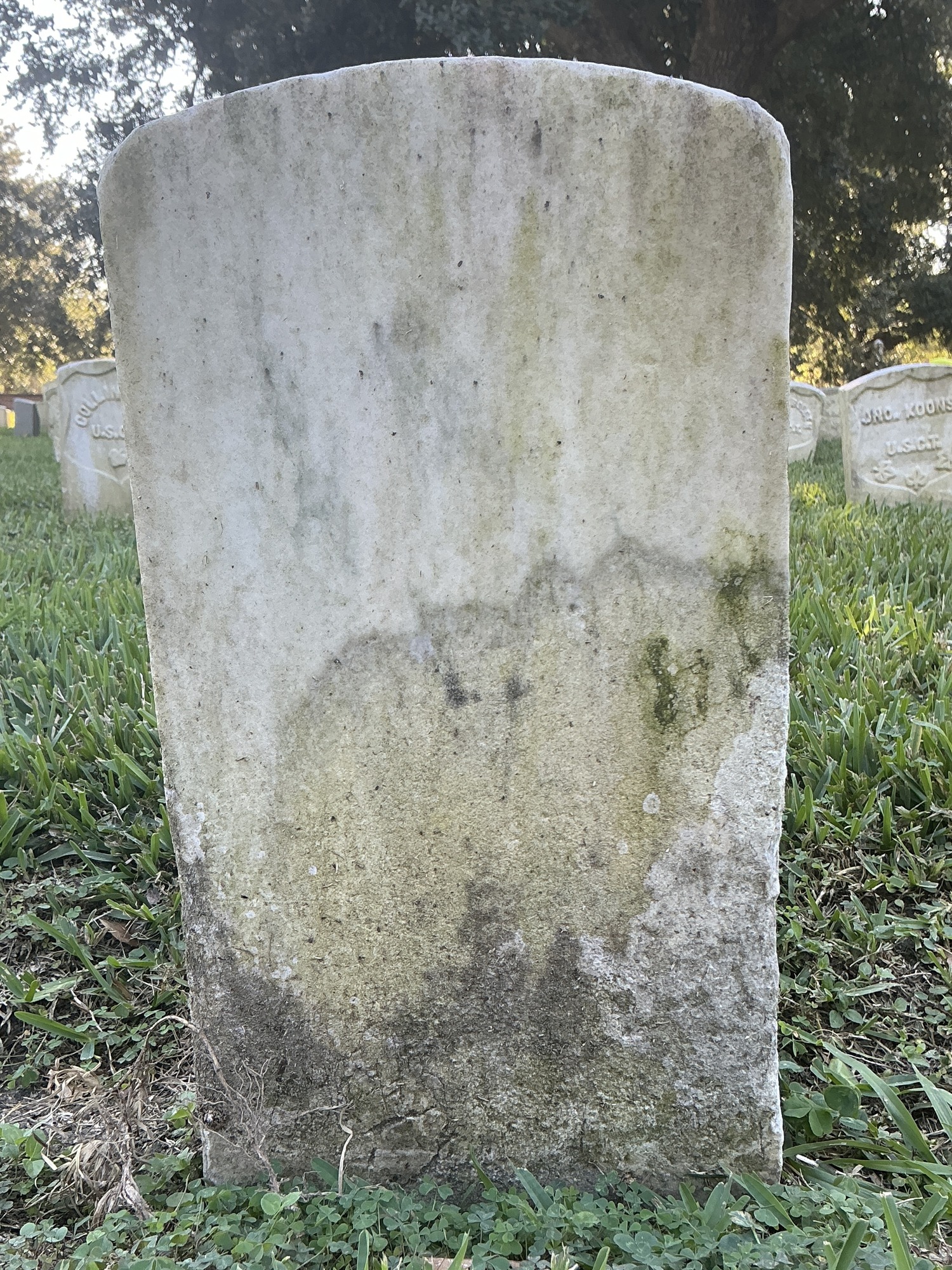Back of historic upright marble headstone with recessed shield face.