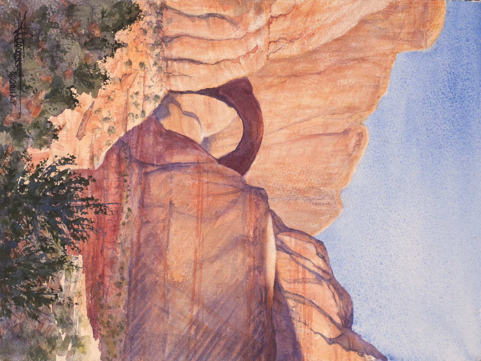 Watercolor painting of a perfect natural sandstone arch nestled in a striped sandstone canyon.