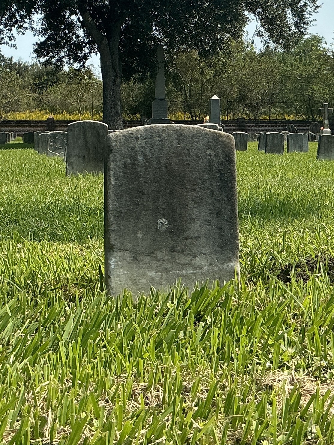 Back of historic upright marble headstone with recessed shield face.