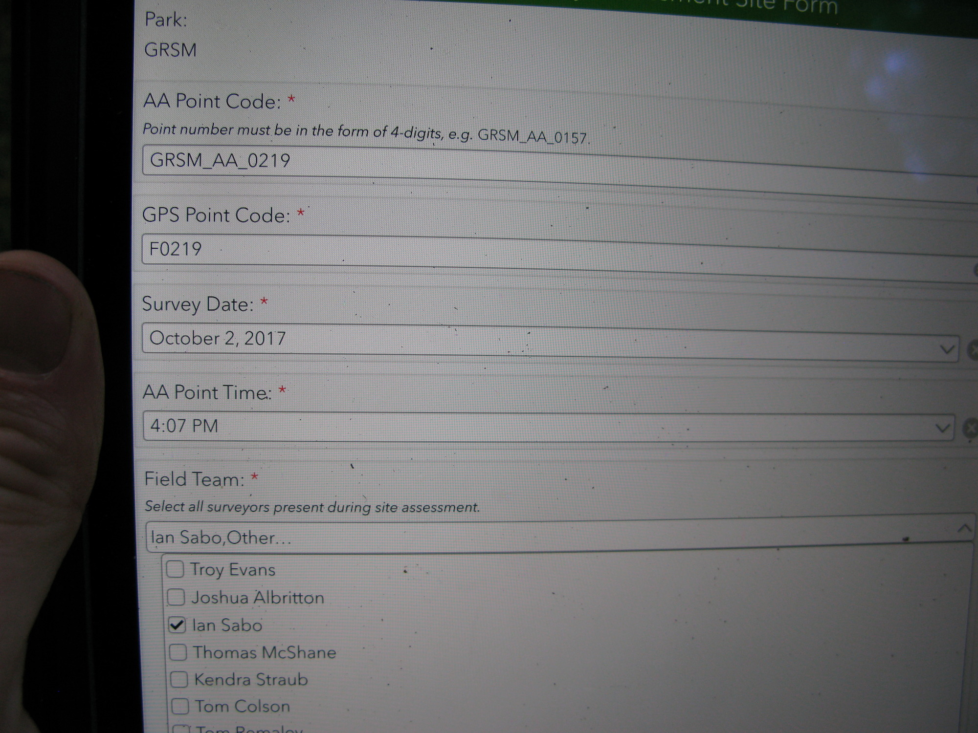 GRSM Accuracy Assessment. Plot Code: GRSM_AA_0219_1