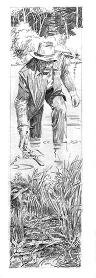 A trapper setting his traps in shallow water.