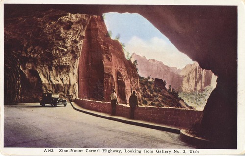 Postcard of men in tunnel window, ca. 1930. Donated by Neal Bullington. Museum Catalog No. ZION 1933.2.