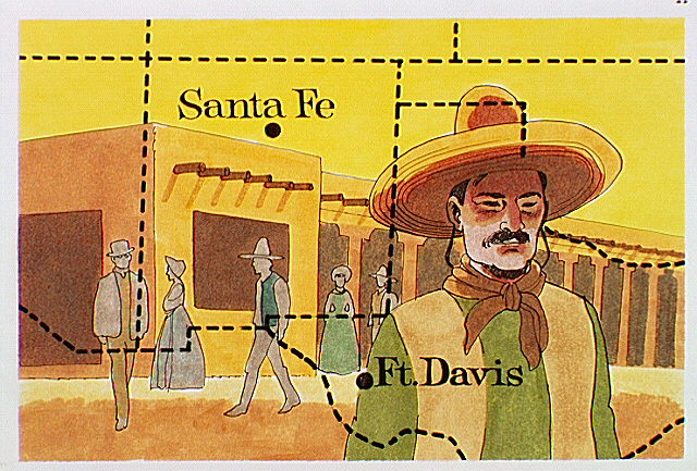 Map showing location of Fort Davis and Santa Fe superimposed over an adobe building with Mexican and Anglo settlers.