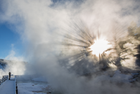 A visitor is standing on a boardwalk looking into the steam of a hot spring.  The sun is shining through the steam at the camera.