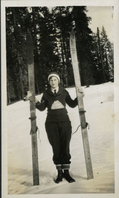 Mrs. Collins with Skis. Arthur G. Holmes Collection Album 5: Mrs. Collins wearing Lassen Ski Club Sweater with skis.