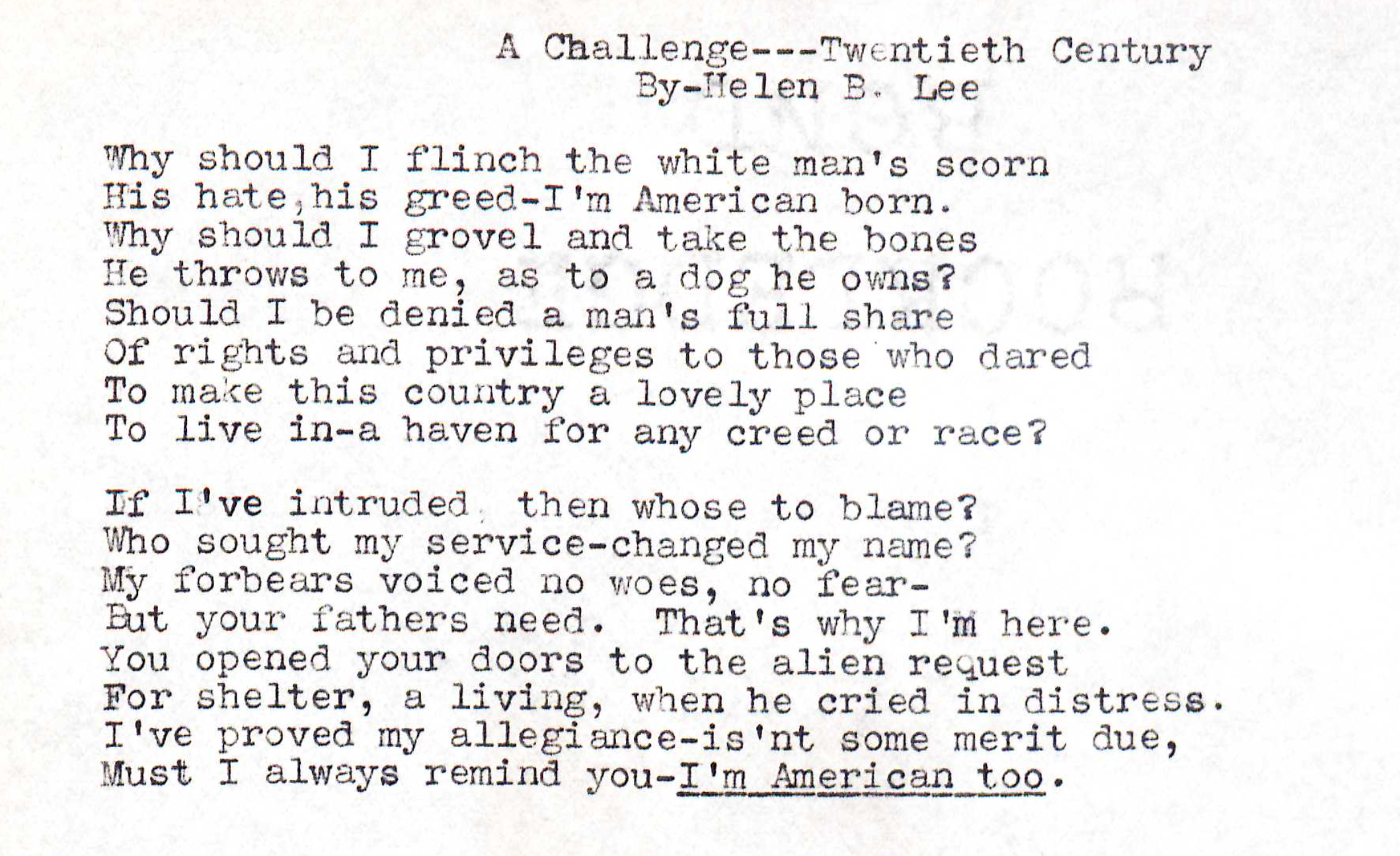 "A Challenge" A poem written by Helen B. Lee