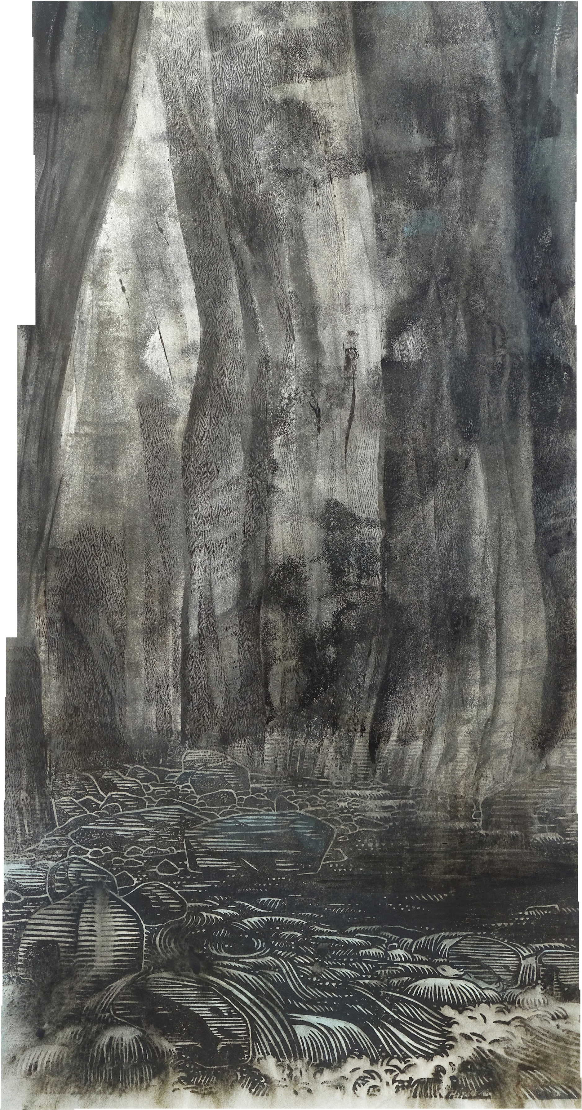 A black-and-white image with hints of blue color, made by printing ink on paper. In the foreground, water rushes between boulders, creating splashes and rapids. Above the water, tall gray sandstone cliffs rise to form a narrow canyon. They lean towards the center of the canyon as if they will merge in the middle.