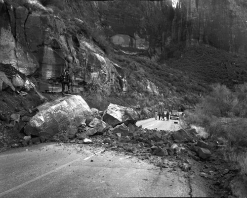 Rock fall behind Chief Ranger Fred Brueck's residence. [scratches, fingerprints]
