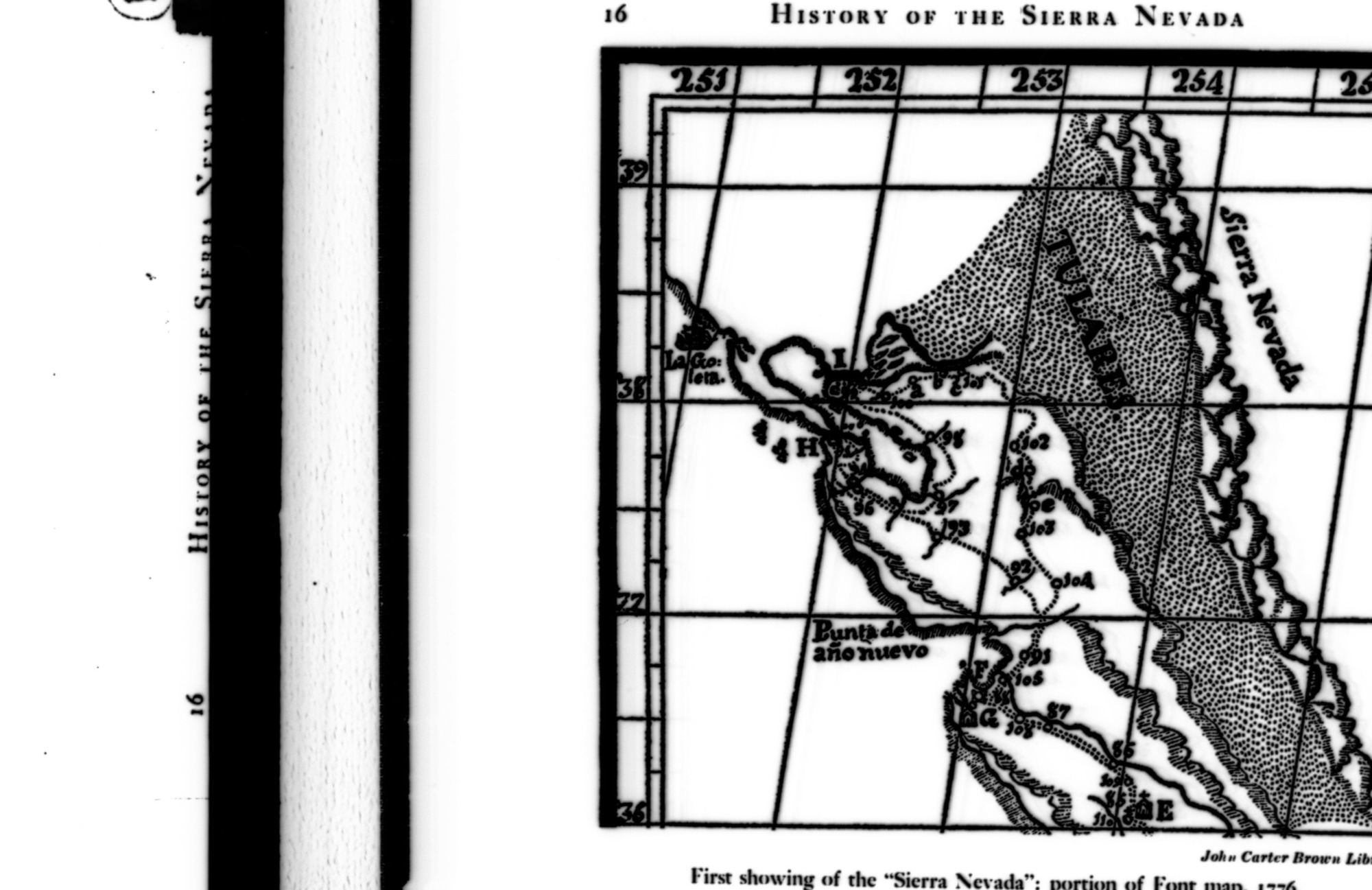 Map showing the first labeling of Sierra Nevada from the Font map (1776). Copied from Farquhar's History of the Sierra Nevada, p. 16. Copied by Michael Dixon.