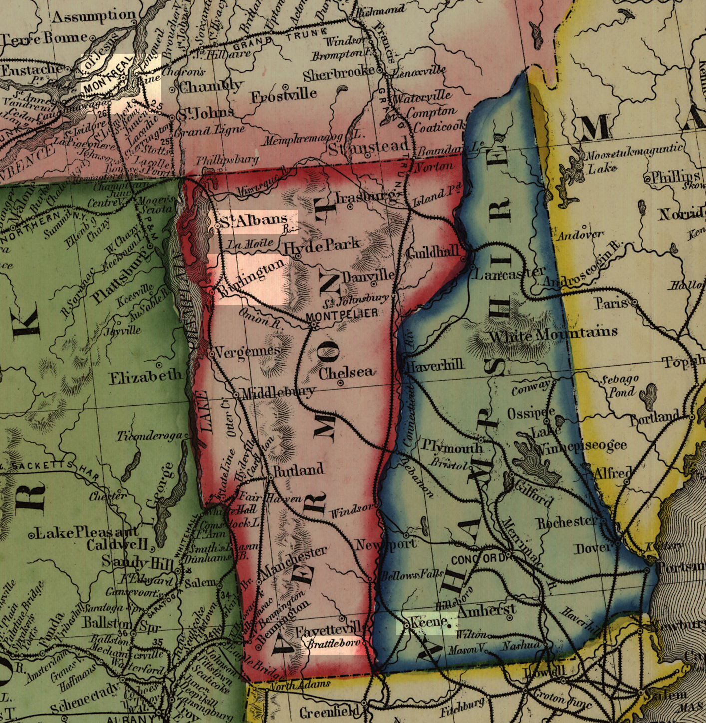Map of New Hampshire, Vermont, and Canada, with the cities of Keene, Brattleboro, Burlington, St. Albans, and Montreal highlighted.
