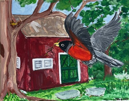 A painting of a bird with a red belly and black wings flying in front of a red building with a green door.
