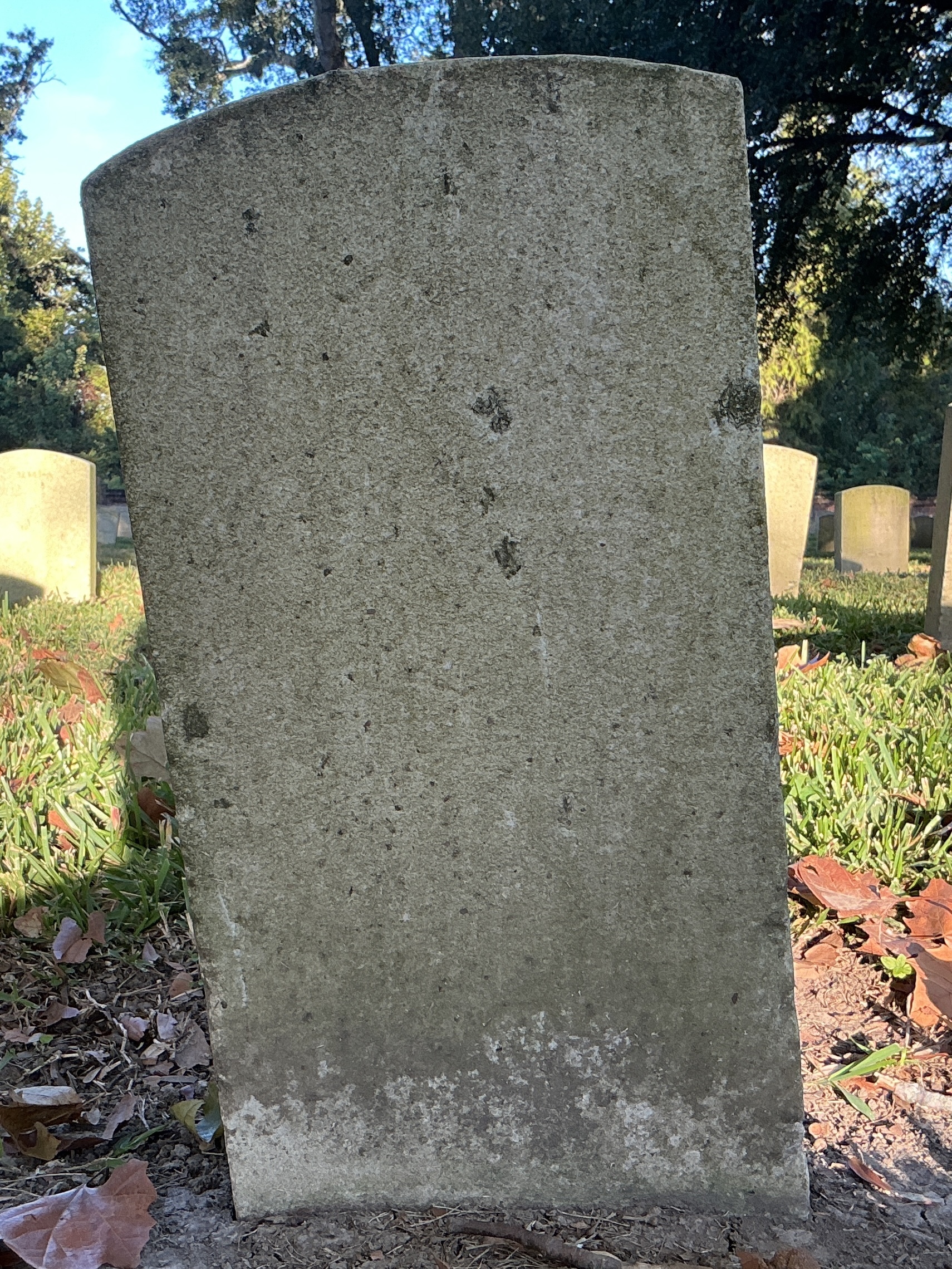 Back of historic upright marble headstone with recessed shield face.