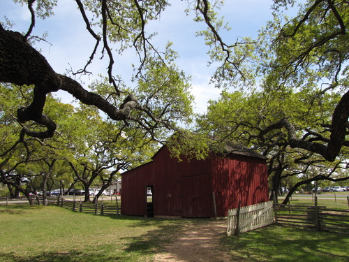 A wooden, two-story, red barn is framed by long, live oak branches.