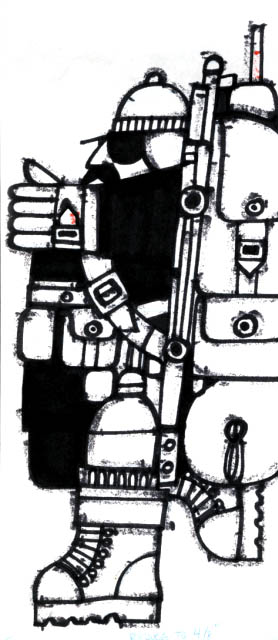 A cold weather camper shown with backpack Illustration is unpublished.