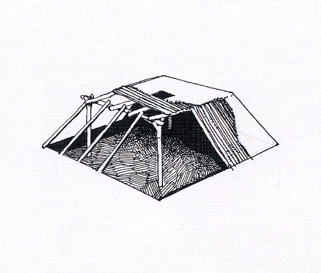 Cutaway illustration of a pithouse exposing the floor, corner uprights and beams that support the sides and roof of the dwelling. This kind of pithouse was used atop the mesas from about 550-750 CE (Common Era).