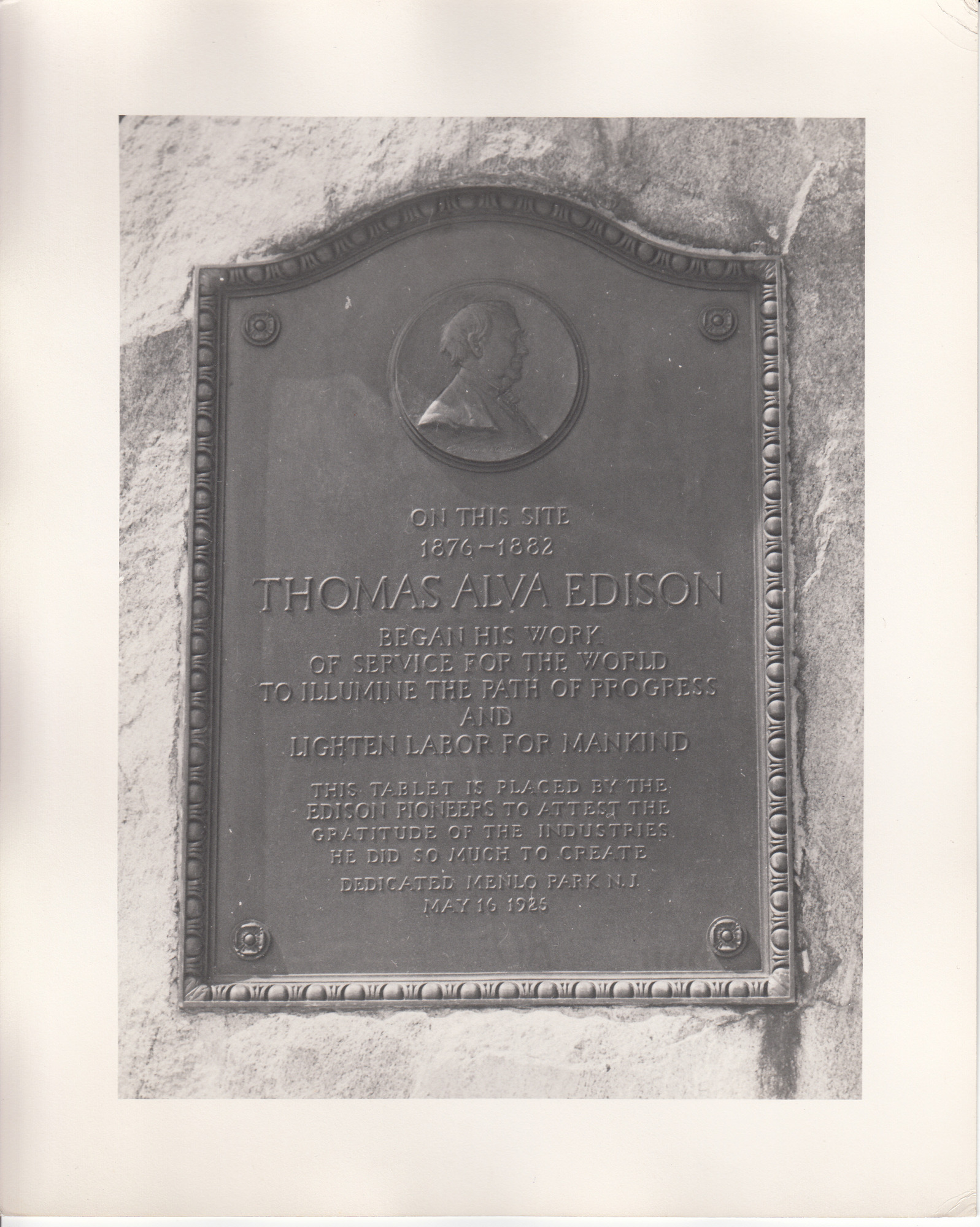 Commemorative plaque placed at Menlo Park by the Edison Pioneers on May 16, 1926.