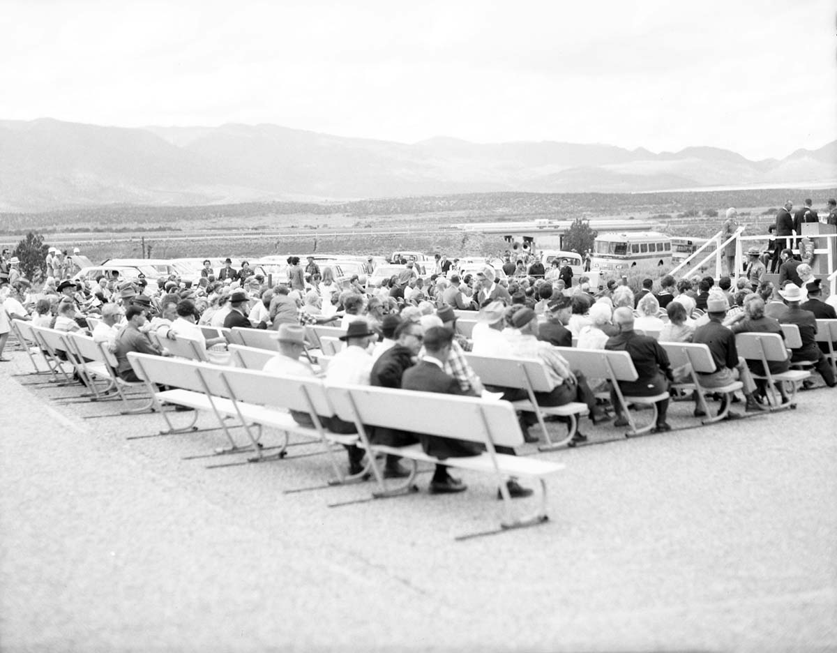 Visitors seated at the dedication of Taylor Creek road (Kolob Canyons).